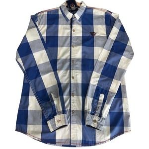 Fredd Marshall Men's Button‎ Up Long Sleeve Blue White Plaid Size XL NWT